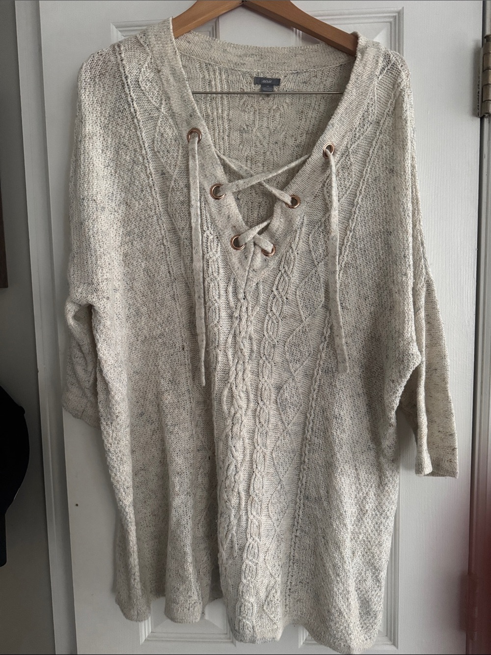 aerie Cream Cable-Knit Lace-Up V-Neck Sweater